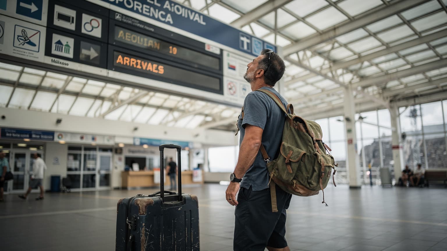 Viaggiatore italiano con bagaglio a mano legge il tabellone arrivi nella hall del traghetto per le isole, luce soffusa del mattino