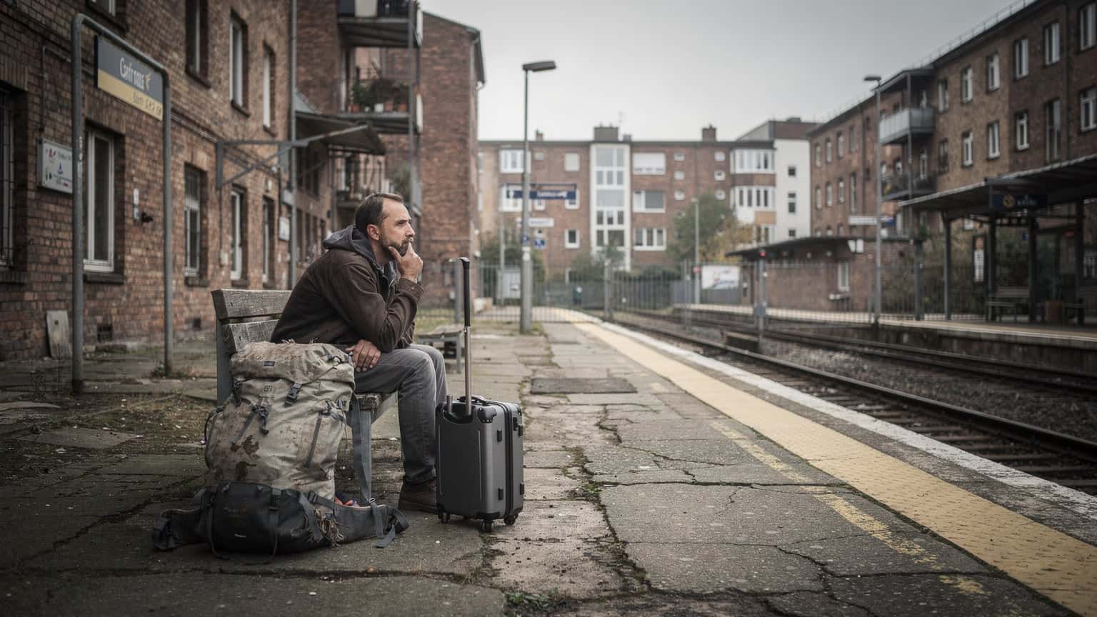 Eine Person wartet auf einem überdachten Bahnsteig in einem Berliner Hinterhof, mit einem Reiserucksack und einer kleinen Reisetasche neben sich, und blickt nachdenklich in die Ferne, während das Licht eines bewölkten Nachmittags sanft durch die Öffnungen fällt.
