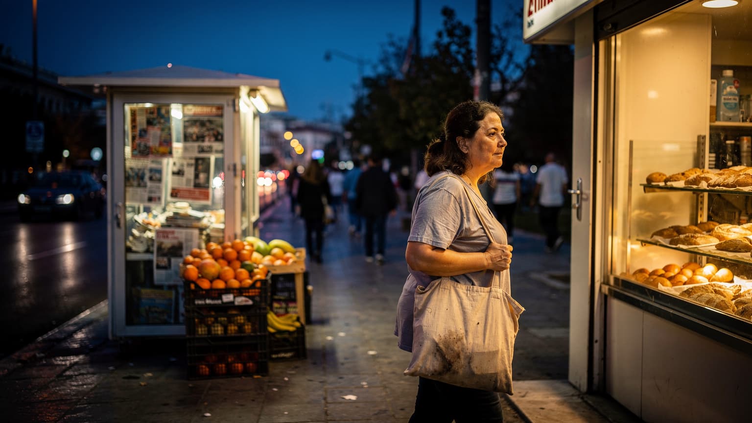 Noční ulice v Athénách u nádraží Larissa po západu slunce, lidé v pohybu a rozsvícené výlohy, dokumentární fotografie