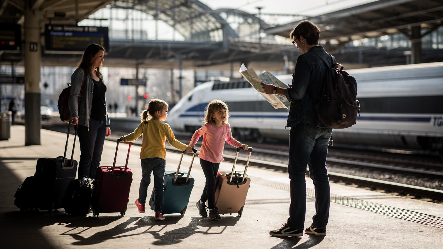 Famille avec bagages sur le quai de la gare de Lyon Part-Dieu, soleil de midi, ambiance voyage