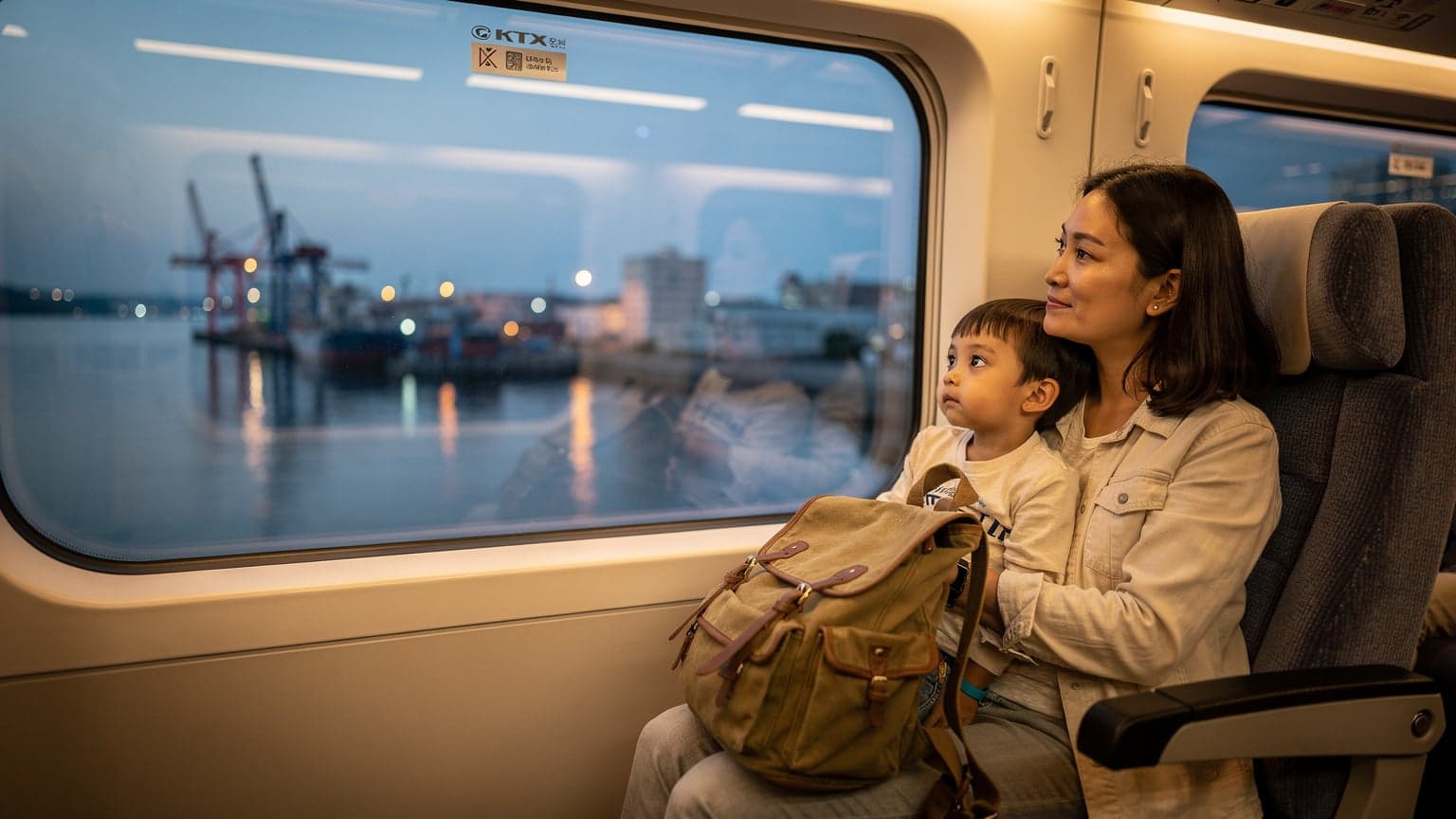 Ibu dan anak memandang landskap Busan dari tingkap kereta api KTX pada waktu senja biru, beg galas di sebelah tempat duduk