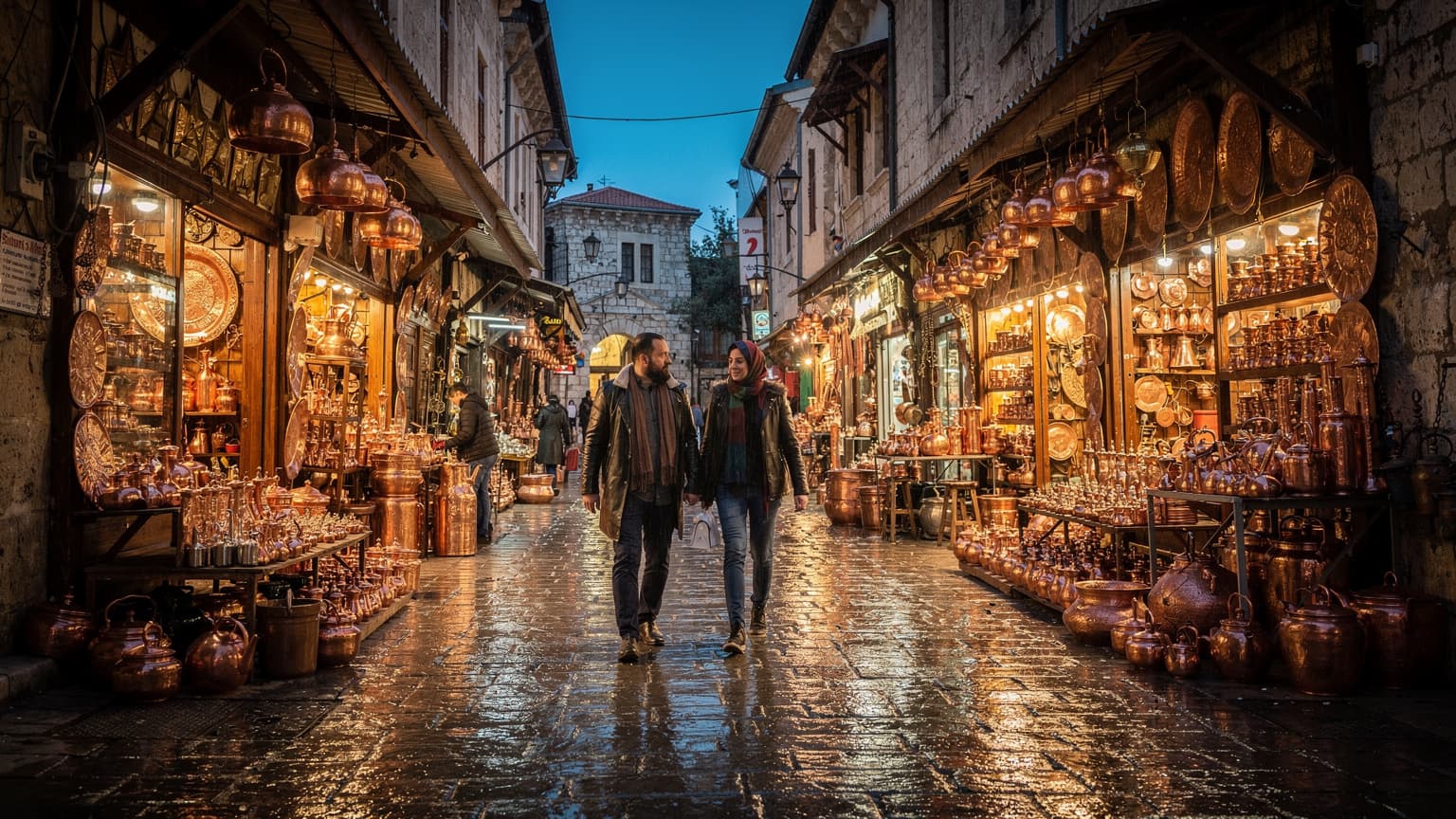Gaziantep'te alacakaranlıkta hareketli bir bakırcı sokağı, dükkan ışıkları ve insanların hareket izleri ile.