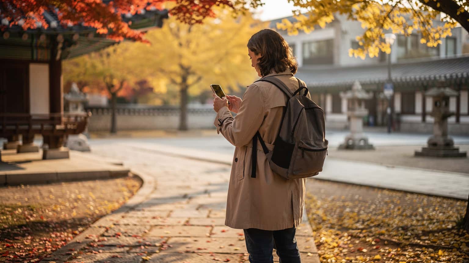 A person uses a smartphone in a beautiful South Korean autumn landscape, surrounded by vibrant red and gold leaves, implying seamless travel connectivity.