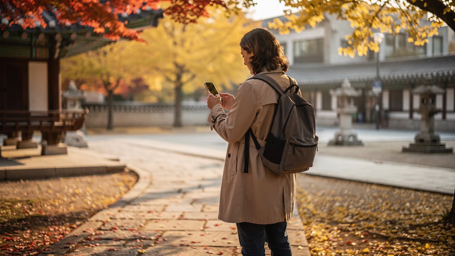 A person uses a smartphone in a beautiful South Korean autumn landscape, surrounded by vibrant red and gold leaves, implying seamless travel connectivity.