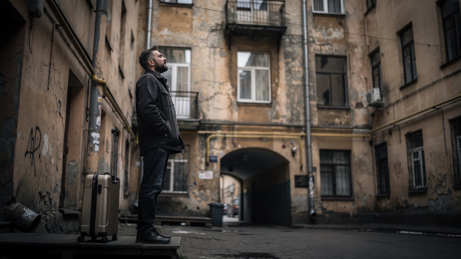 Мужчина стоит на платформе у старого дома в Санкт-Петербурге, держит чемодан, смотрит вдаль, солнце пробивается сквозь двор