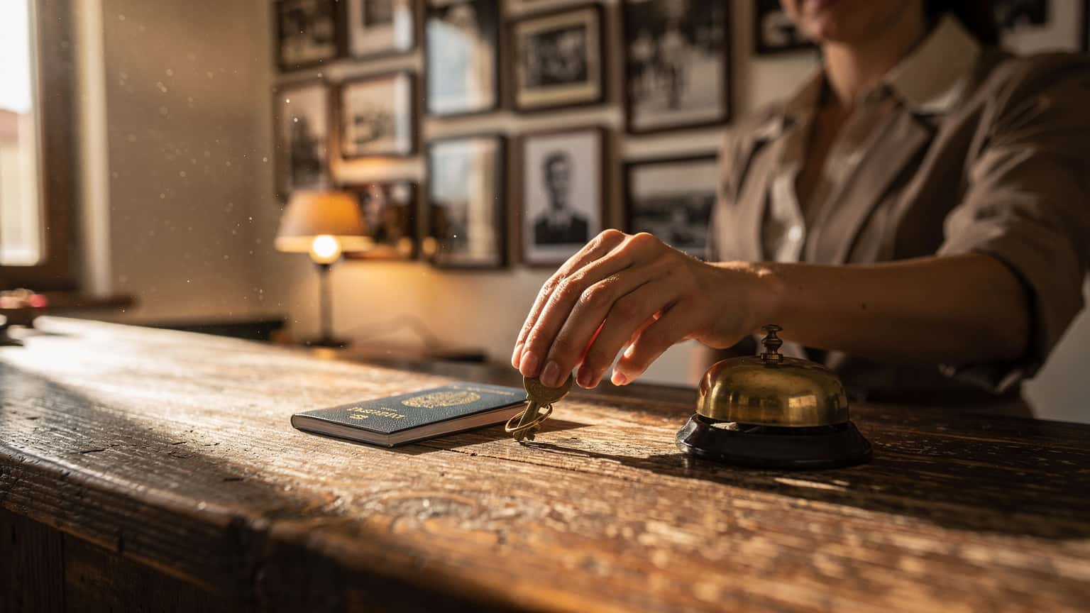 Receptionen på hotell Vila 27 i Blloku-kvarteret i Tirana, nycklar och pass ligger på disken i gyllene kvällsljus