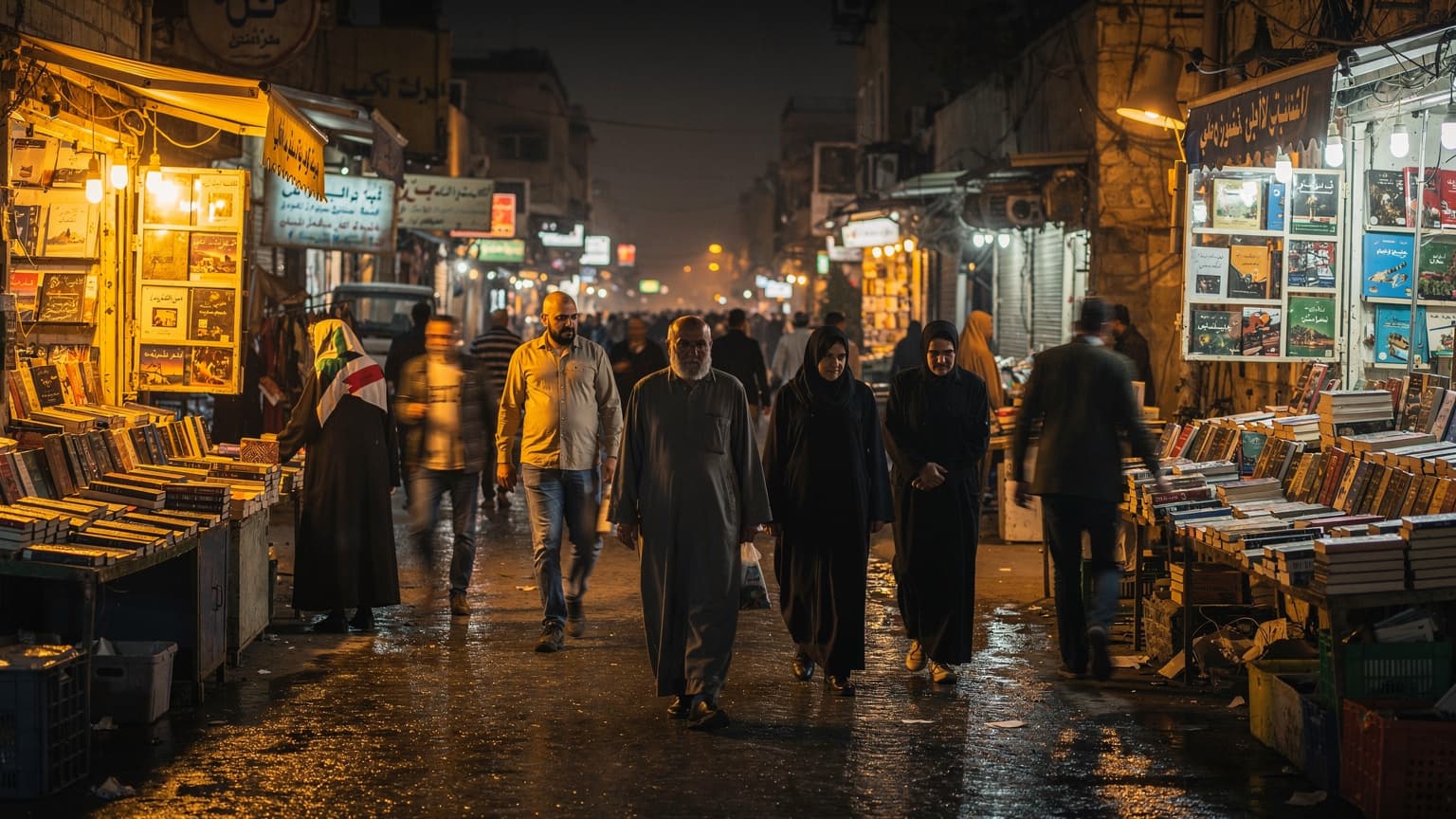 شارع المتنبي في بغداد ليلاً، أضواء المحلات تتوهج والناس يمشون تحت أشجار النخيل، أجواء ضبابية من حركة المشاة البطيئة، تصوير وثائقي بإضاءة طبيعية دافئة