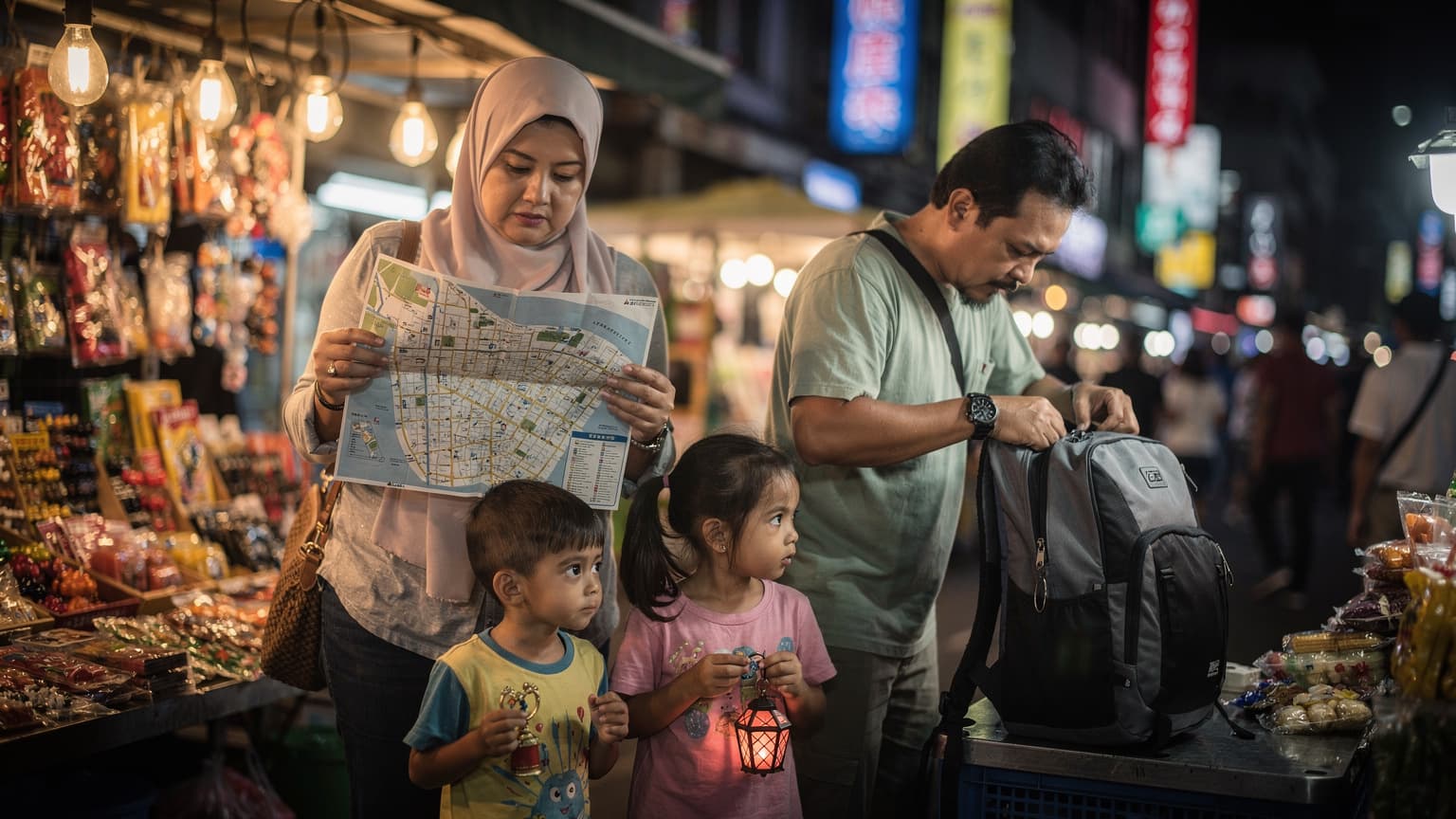Keluarga Melayu sedang mengemaskan beg di pasar malam yang terang dengan lampu neon di luar negara, malam hari, tiada siapa melihat kamera