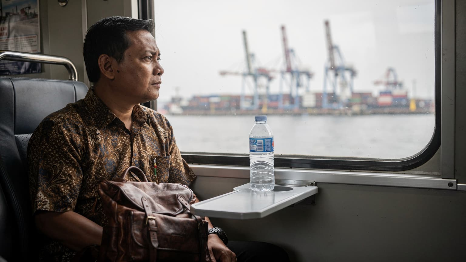 Penumpang kereta commuter melihat pemandangan pelabuhan Tanjung Priok dari jendela, tas di kursi sebelahnya, suasana pagi mendung