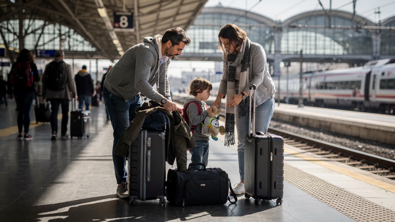 Une famille en transit sur un quai de gare à Lyon Part-Dieu, des valises éparpillées et des manteaux jetés, organisant leurs affaires sous un soleil de midi projetant des ombres dures.