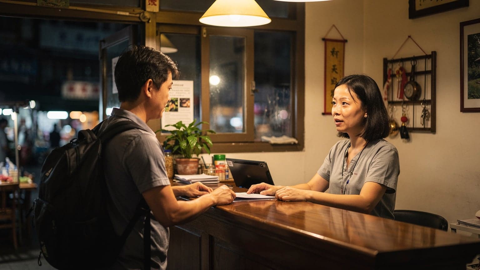 在香港一家温馨的家庭旅馆前台办理入住的旅客,柜台上有钥匙和登记表格,背景是暖黄色的室内灯光与窗外夜市的霓虹灯。