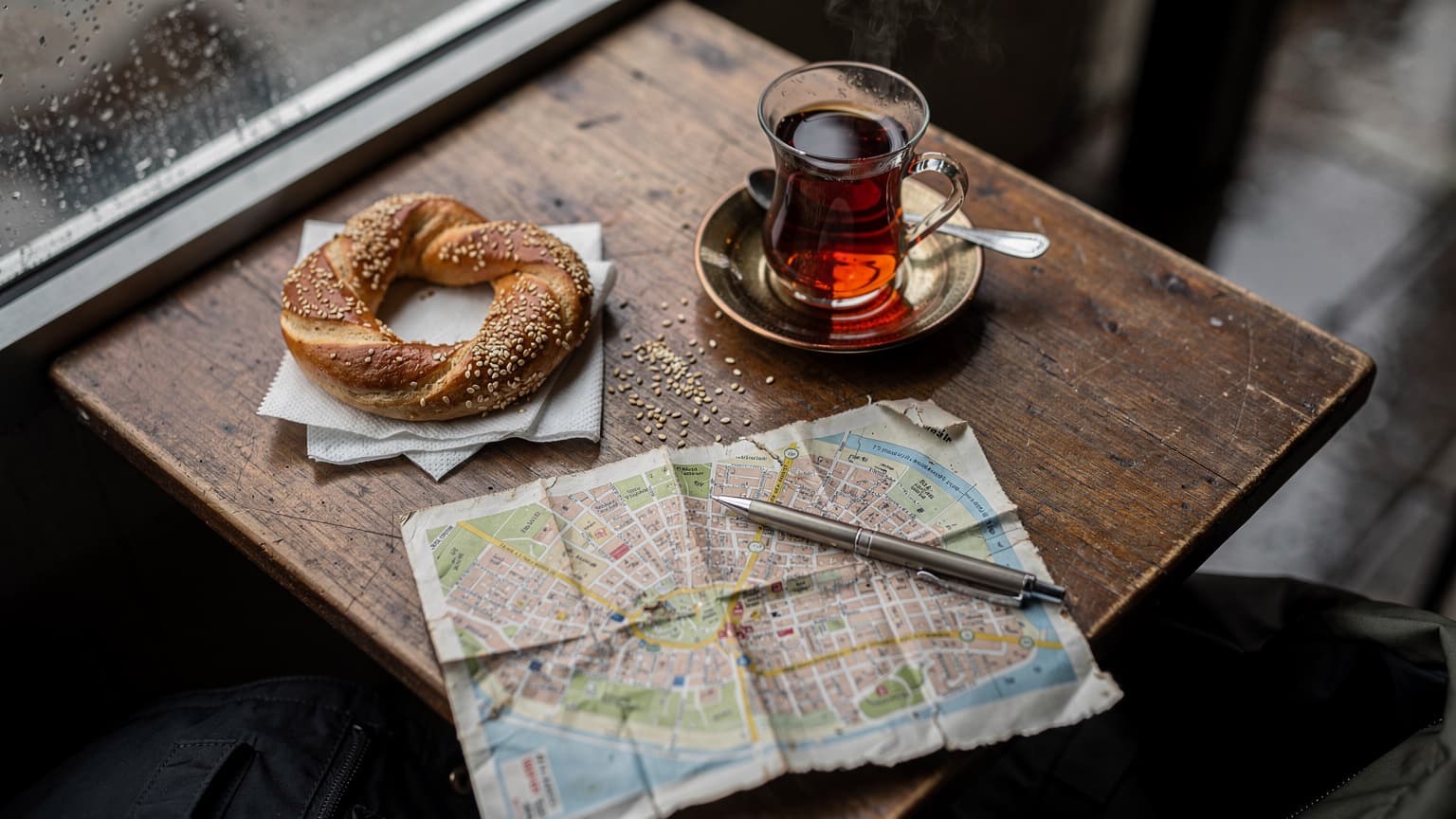 Tavolino di un caffè a Kadıköy con tè turco, simit e una mappa cartacea, luce grigia di pioggia dalla finestra
