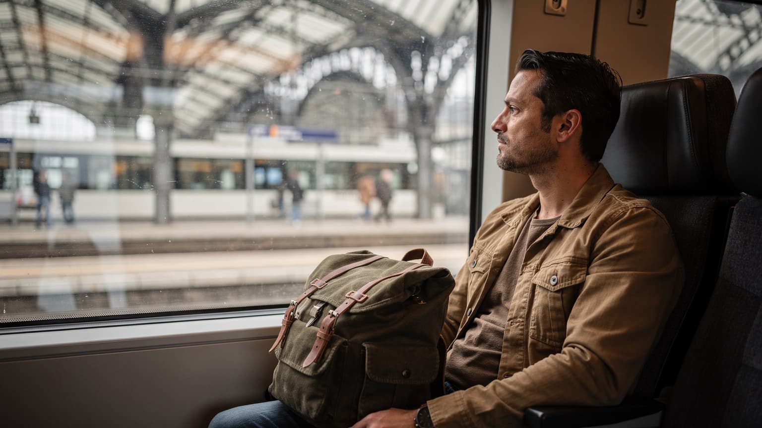 Reiziger kijkt uit het raam van een trein op perron Amsterdam Centraal, met een rugtas op de stoel naast hem, zacht ochtendlicht