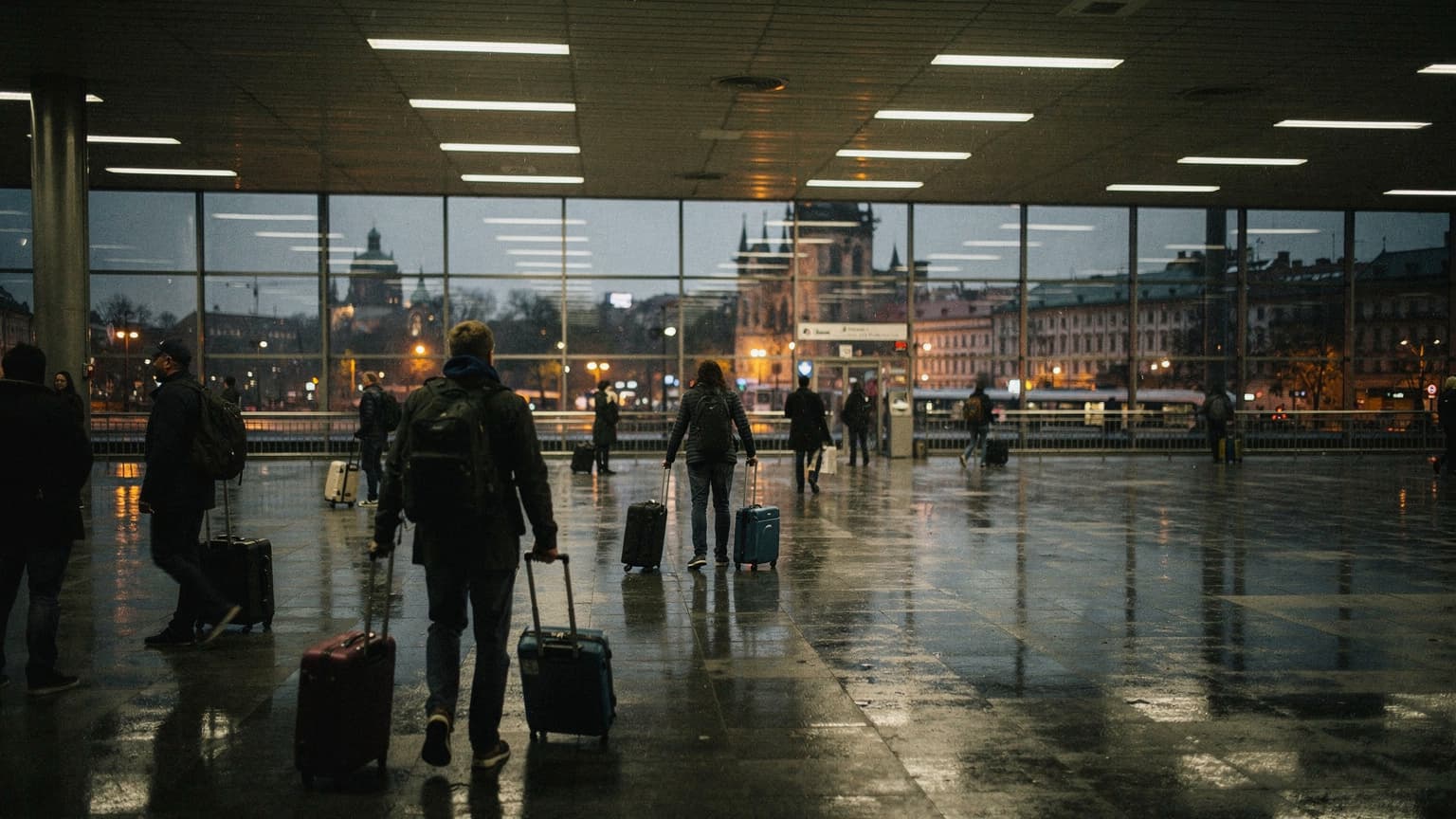 Osvětlená noční hala hlavového nádraží v Praze, lidé s kufry, zataženo a mokrý chodník, dokumentární fotografie
