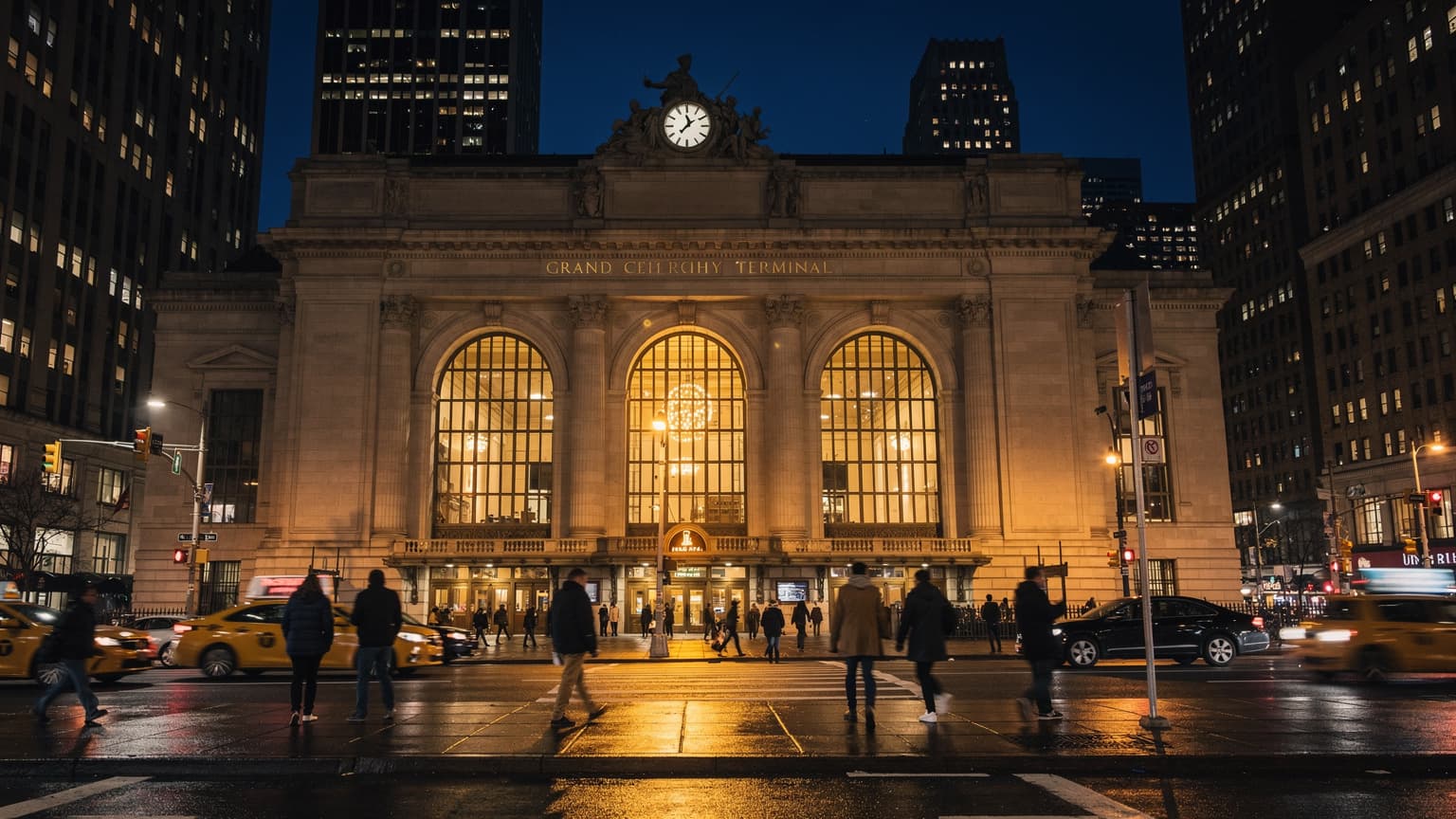 Vista noturna da Estação Grand Central em Nova York durante o período de Ação de Graças, com a fachada iluminada e o movimento de passageiros entrando e saindo, criando rastros de luz.