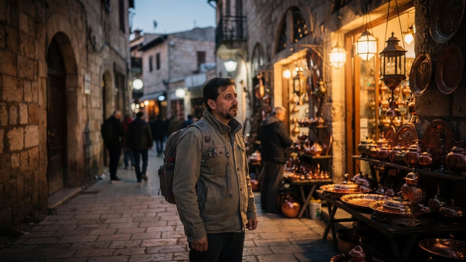 Gaziantep'teki tarihi bir bakırcı sokağında akşamüstü, hafifçe bulanıklaşmış kalabalıklar arasında hareket eden insanlar ve parlayan dükkan ışıkları.