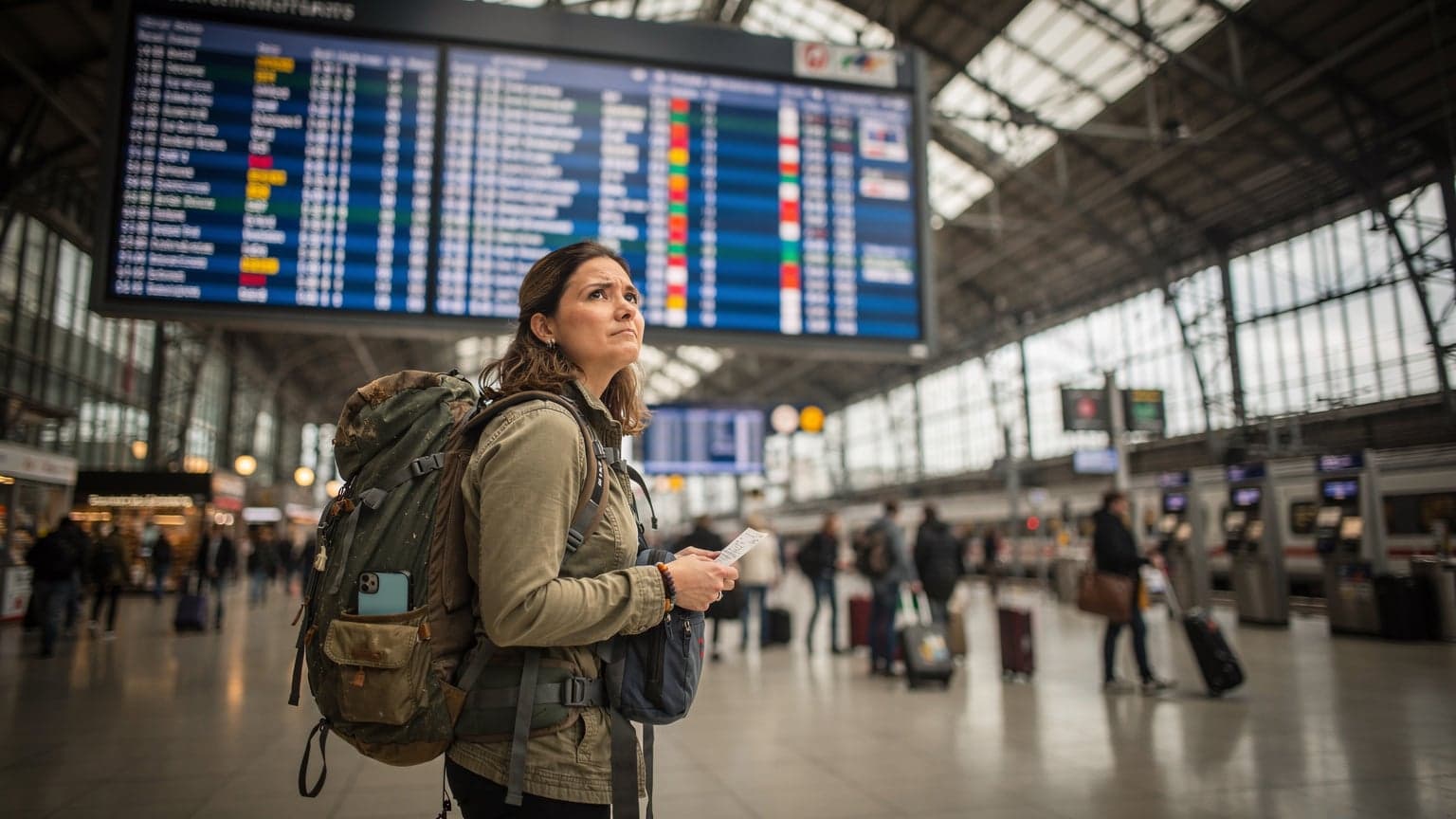 Eine Reisende mit Gepäck am Münchner Hauptbahnhof, die auf eine große Anzeigetafel mit Abfahrtszeiten blickt, während die frühen Morgenlichter durch die hohen Fenster fallen.