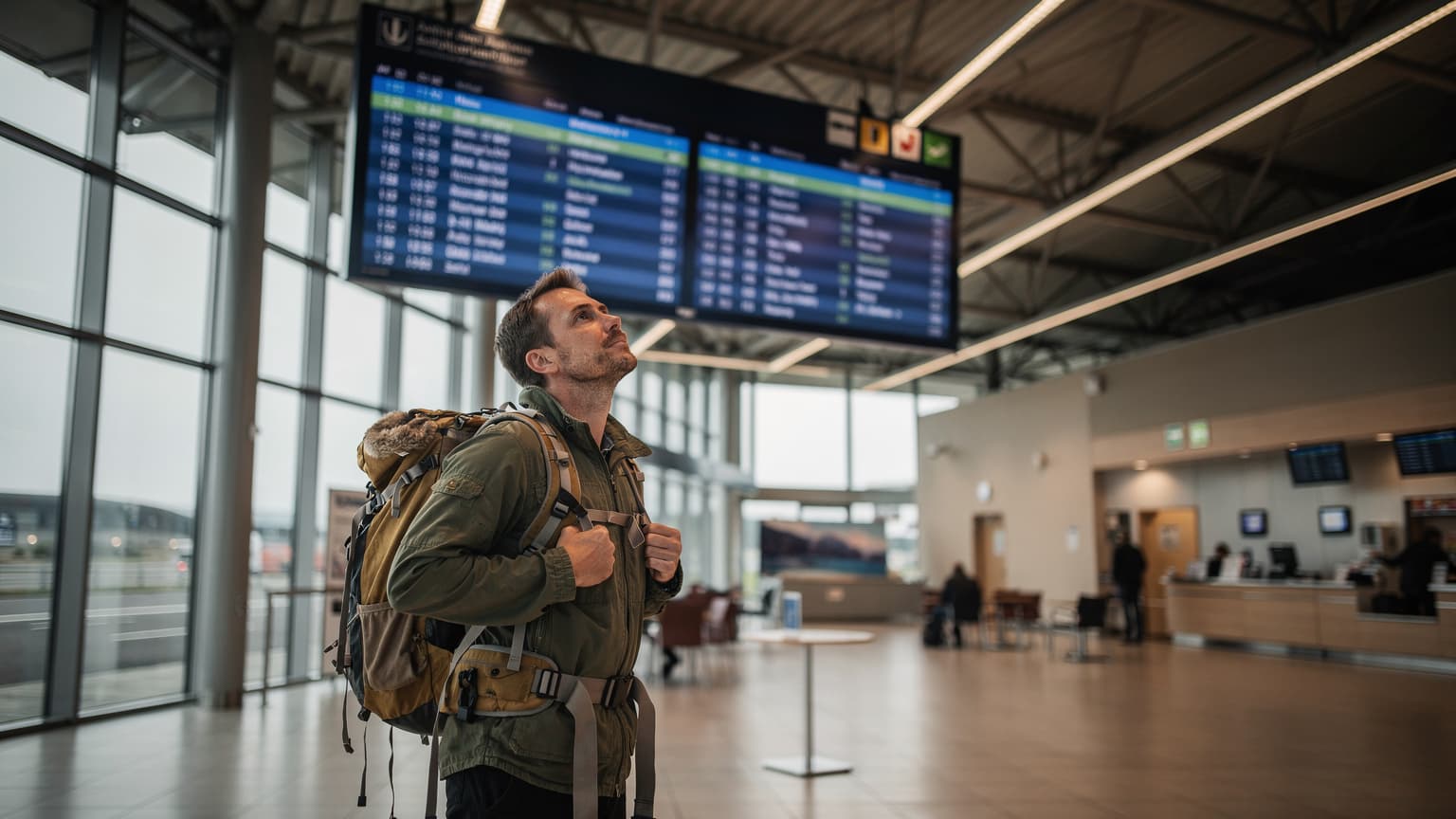 Ein Reisender mit Rucksack steht in einer lichtdurchfluteten Autobahnraststätte in Süddeutschland, blickt auf eine digitale Anzeigetafel, auf der Abfahrtszeiten und Verkehrsberichte angezeigt werden. Das Smartphone steckt unsichtbar in der Hosentasche.
