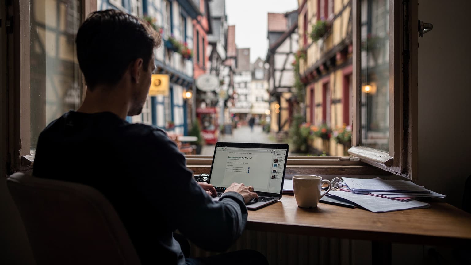 Eine Person arbeitet an einem Laptop mit einer Tasse Kaffee auf einem Holztisch, im Hintergrund ist durch ein Fenster eine malerische Kölner Altstadtgasse mit Kopfsteinpflaster und historischen Gebäuden zu sehen, beleuchtet von sanftem, bewölktem Morgenlicht.