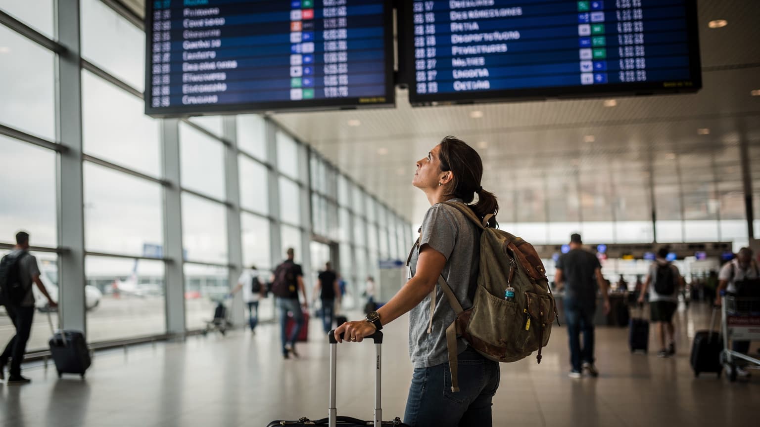 Un viaggiatore con bagaglio a mano legge un tabellone degli arrivi all'aeroporto di Fiumicino, con un'espressione di lieve preoccupazione, in una mattinata nuvolosa.