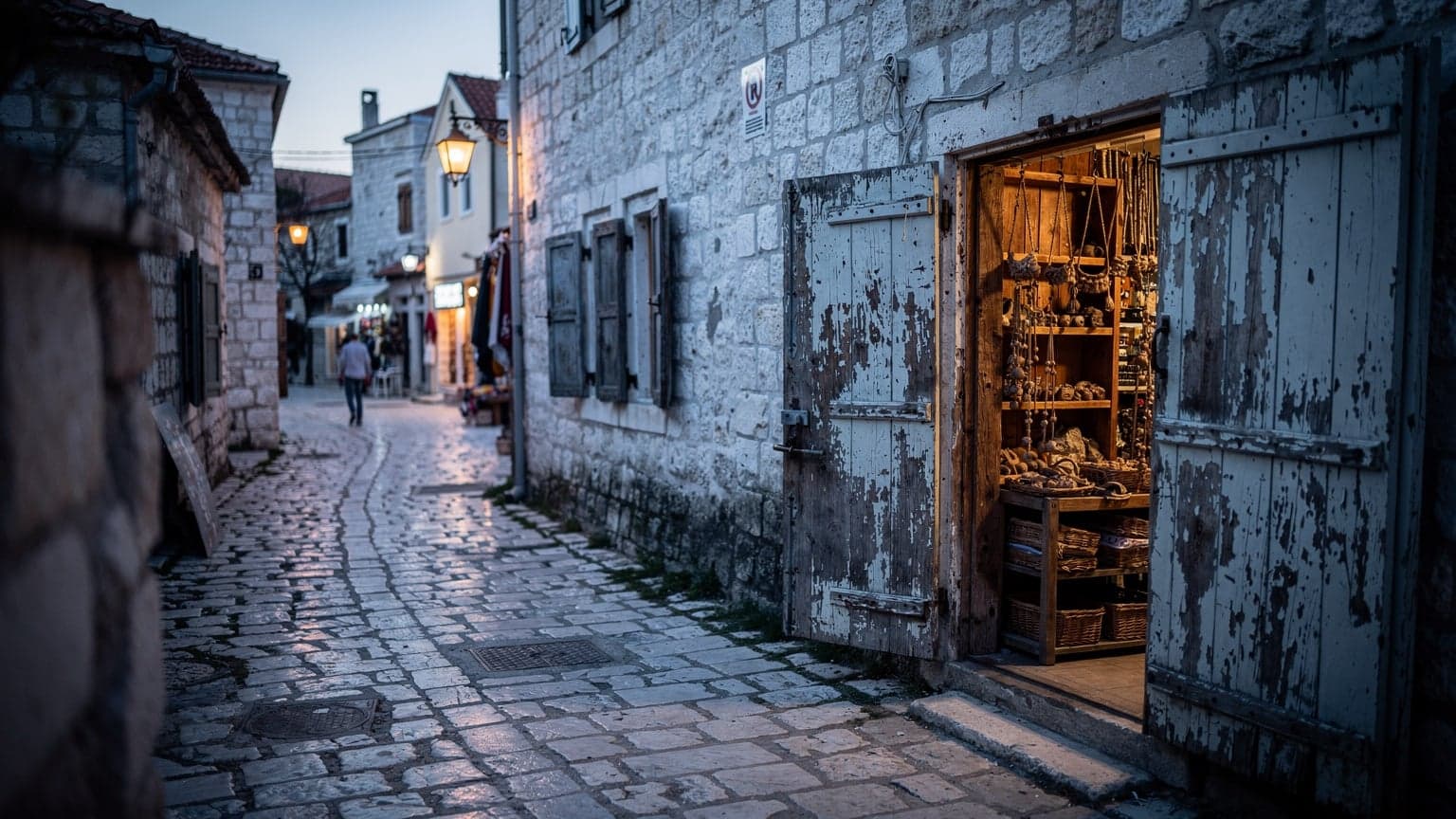 Bosna Hersek'in Mostar şehrindeki tarihi çarşıda, Arnavut kaldırımlı bir sokakta öğleden sonra güneşinin vurduğu, el işi ürünler satan küçük dükkanların olduğu bir sokak detayını gösteren bir fotoğraf. İki katlı taş binalar ve ahşap pencereler ön planda.