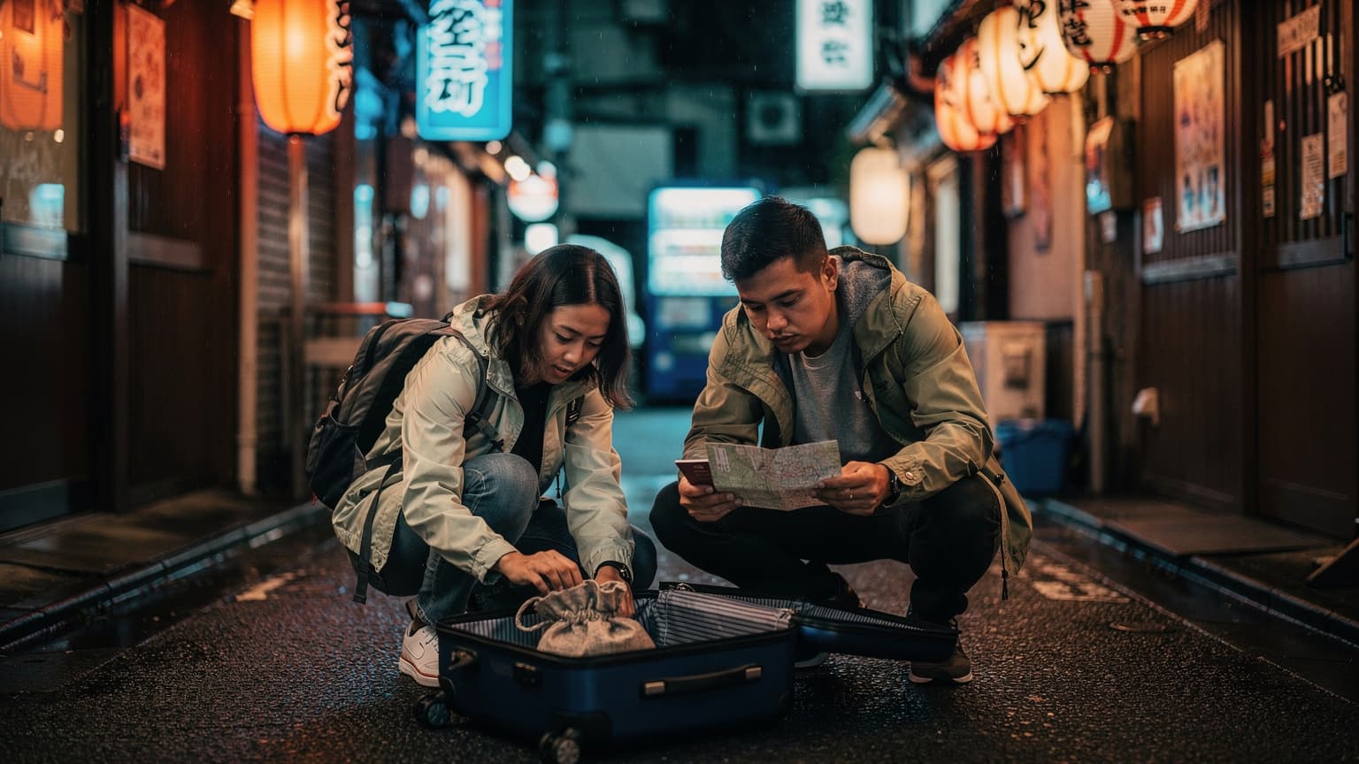 Dua orang traveler Indonesia sedang mengatur koper di gang小巷 dekat Stasiun Shinjuku, Jepang, malam hari dengan lampu neon dan tulisan kanji yang menyala.