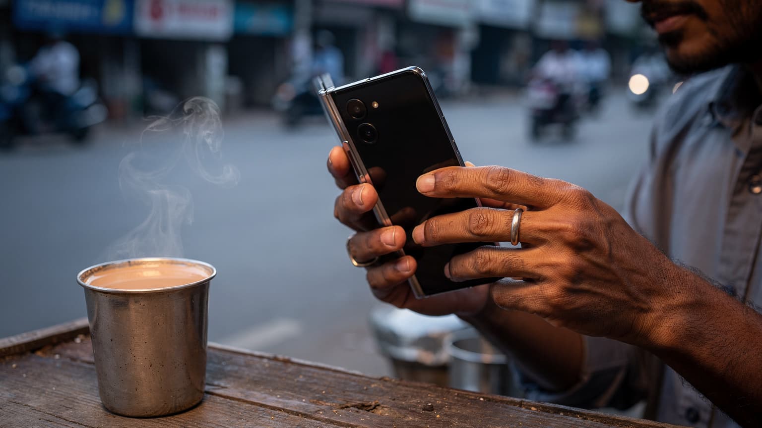 बेंगलुरु के कोरमंगला इलाके में एक चाय की दुकान पर बैठा व्यक्ति अपने Samsung Galaxy Fold 6 के स्क्रीन को अपनी ओर करके eSIM एक्टिवेट करते हुए, स्क्रीन कैमरे से उल्टी ओर है