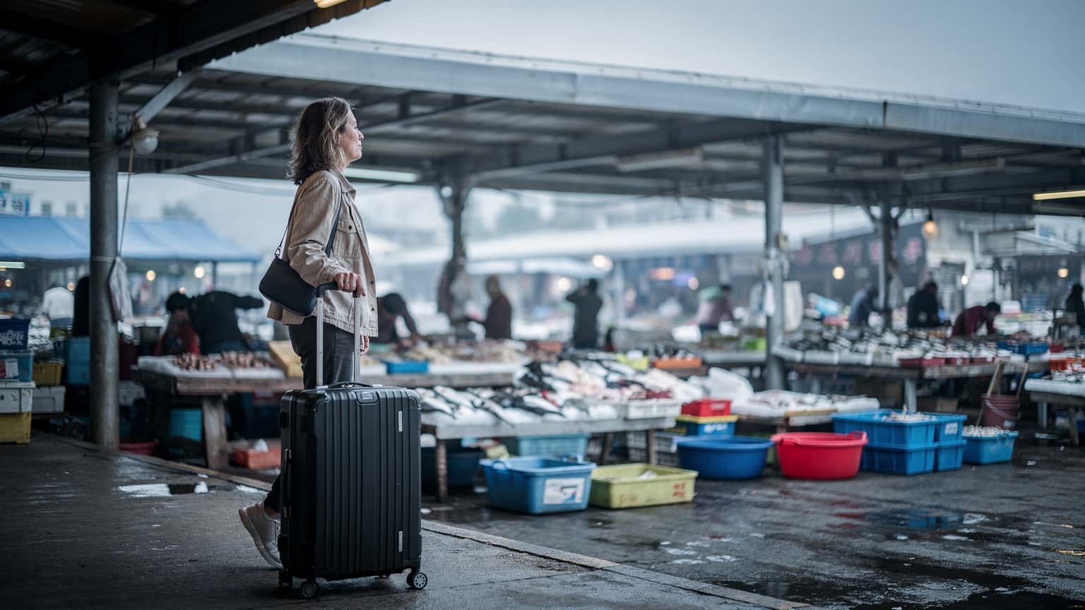 A lone traveler waits on a covered market platform in Busan's Jagalchi Fish Market district, early morning, with a carry-on suitcase beside them, contemplating their next move.
