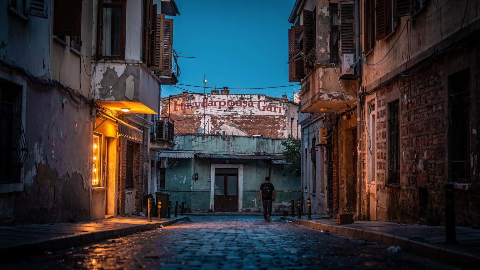 Rua estreita em Kadıköy ao anoitecer, com persianas de madeira e um letreiro de estação de comboios ao fundo, luz azulada após o pôr do sol