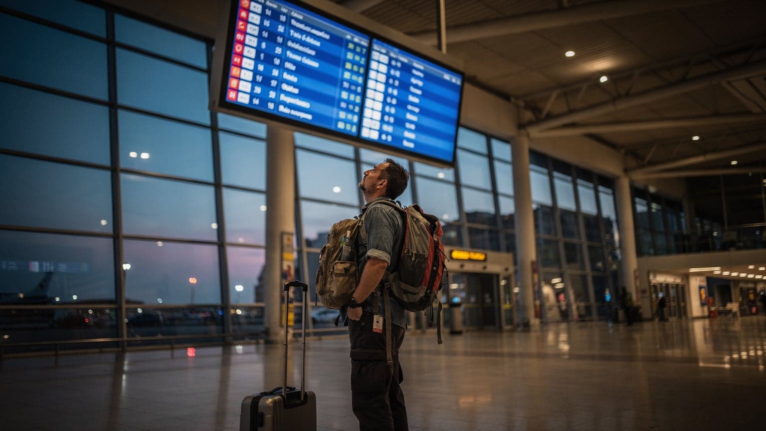 A lone traveler stands in the arrival hall of Barcelona's Port Olímpic ferry terminal, gazing up at a large electronic arrivals board, luggage at their feet, under the dim blue light of dusk.