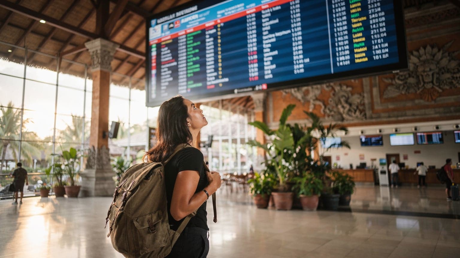 A lone backpacker looking up at a large, bustling arrivals board inside Ngurah Rai International Airport in Denpasar, Bali, with luggage at their feet and a sense of anticipation on their face.