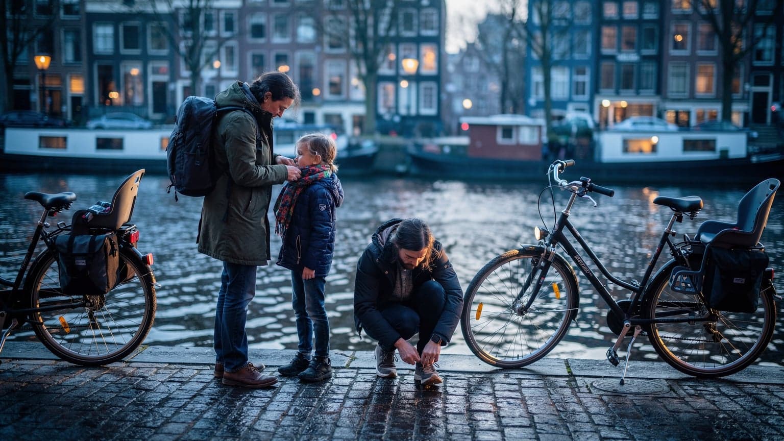 Gezin met rugzakken en fietsen bij een gracht in Amsterdam bij het eerste ochtendlicht, niemand kijkt in de camera, koffiebekers en sjaals, documentaire stijl