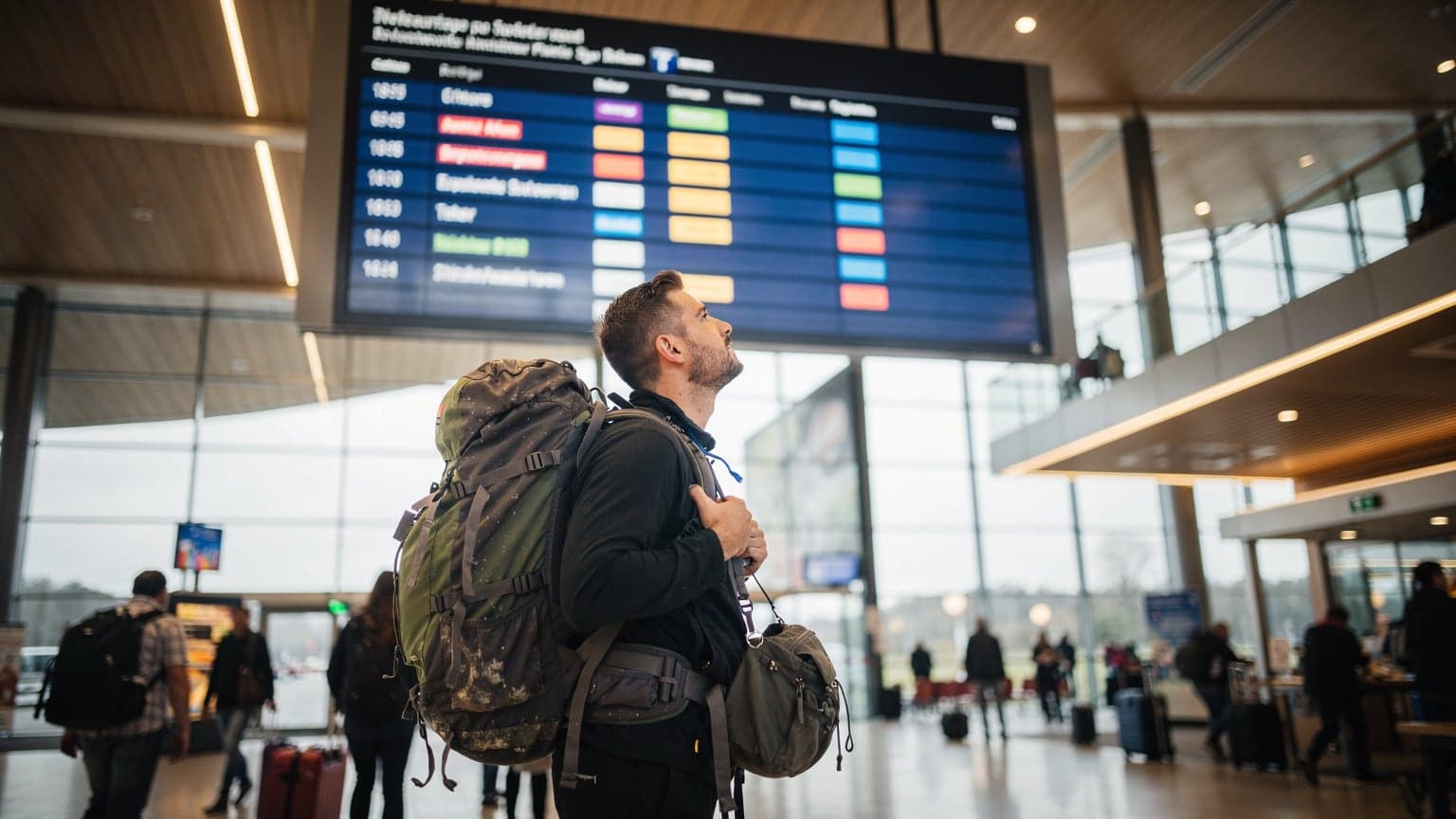 Ein Reisender mit Rucksack und kleiner Reisetasche steht an einer Autobahnraststätte bei München und blickt auf eine Anzeigetafel mit den nächsten Abfahrten und Tankstellenpreisen, im Hintergrund die Dächer von Lastwagen.