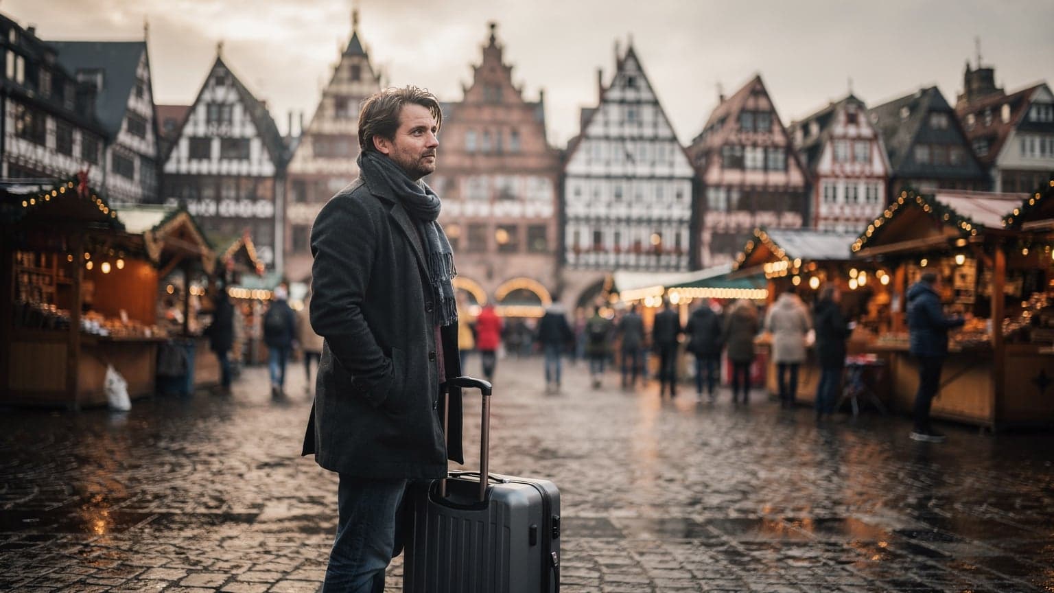 Eine Person wartet nachdenklich an einem Weihnachtsmarktstand in Frankfurt am Main, umgeben von geschäftigem Treiben und warmem Licht, mit aufrechtem Gepäck.