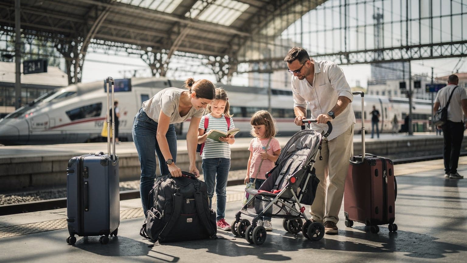 Famille avec bagages sur le quai de la gare de Lyon Part-Dieu, soleil de midi, ambiance voyage en train