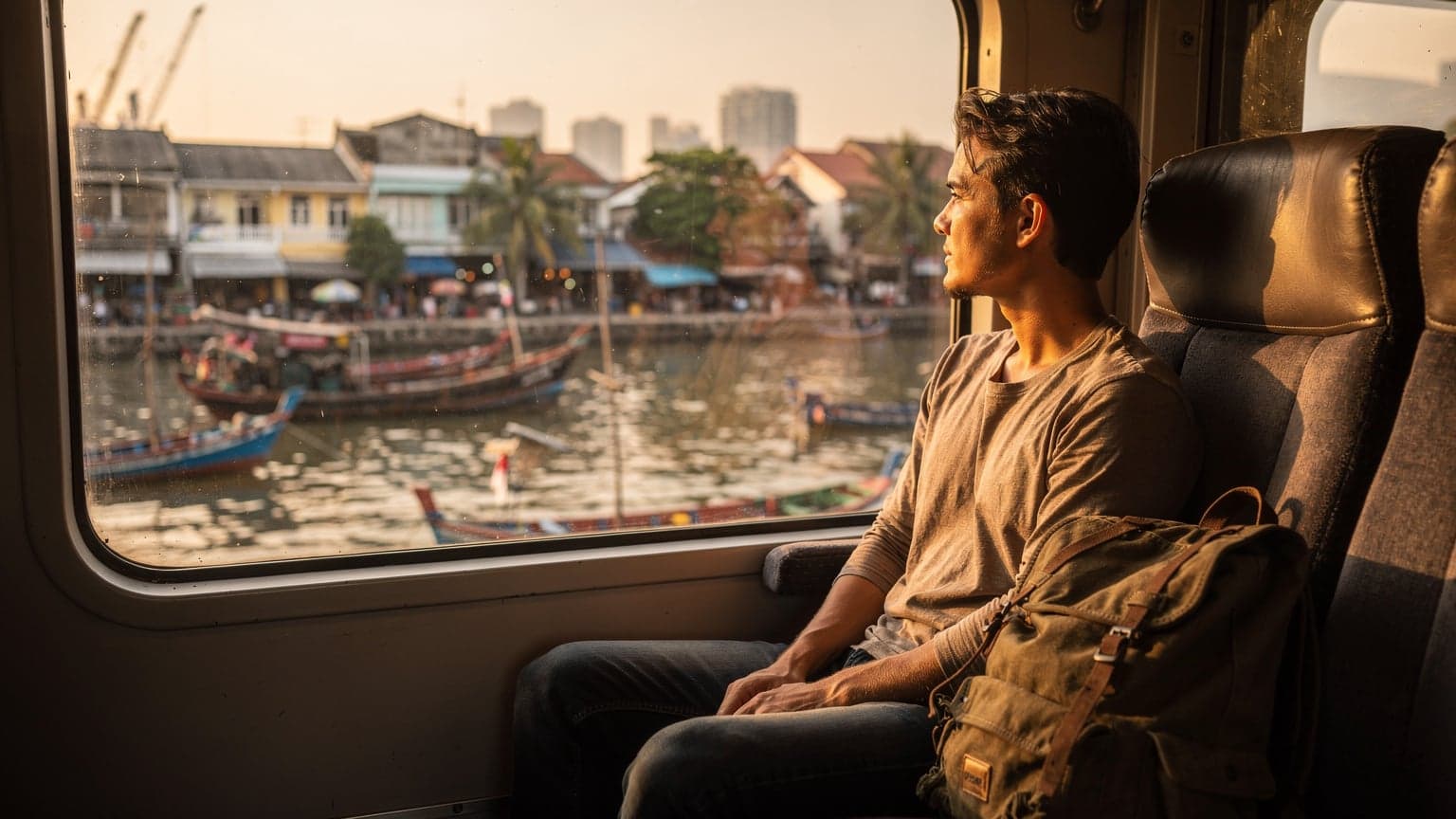 A passenger looking out of a train window at a bustling harbour front in Southeast Asia during late afternoon, with warm golden light reflecting on the glass.