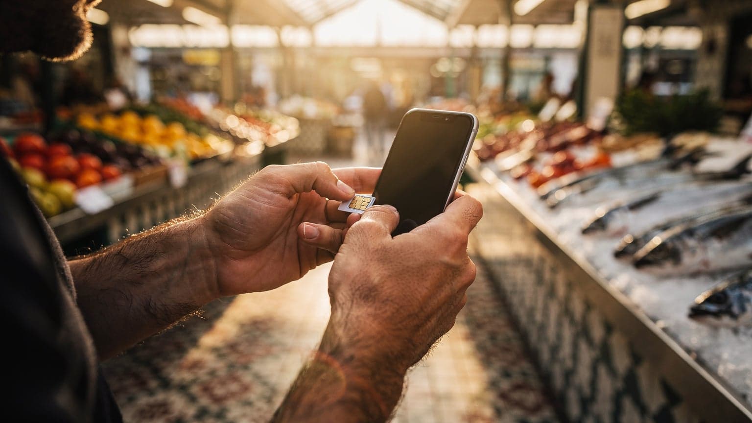 Mani che attivano una eSIM su iPhone in un mercato rionale a Lisbona, luce dorata del tramonto, schermo girato verso il basso