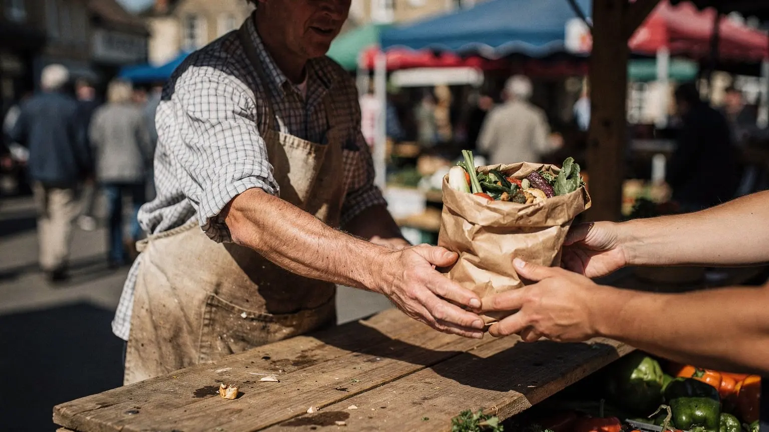Marktkoopman op een straatmarkt in Engeland reikt een zak producten aan over een kraam, met op de achtergrond een vage menigte, hard middagzonlicht en diepe schaduwen