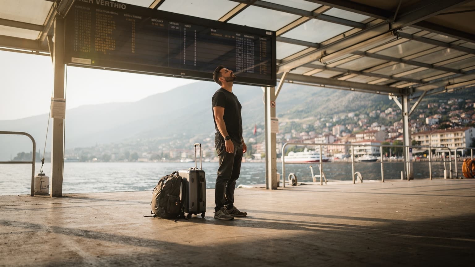 Reiziger bij de aankomsthal van de veerpont in Ohrid, leest het vertrekbord, bagage aan zijn voeten, laatmiddagzon werpt lange schaduwen