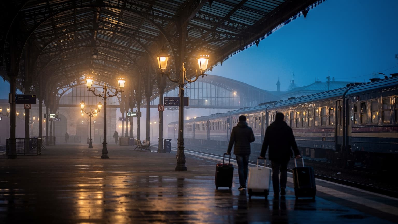 Gara de Nord din București seara, călători cu bagaje mergând pe peronul iluminat, ceața albastră a amurgului, atmosferă de plecare