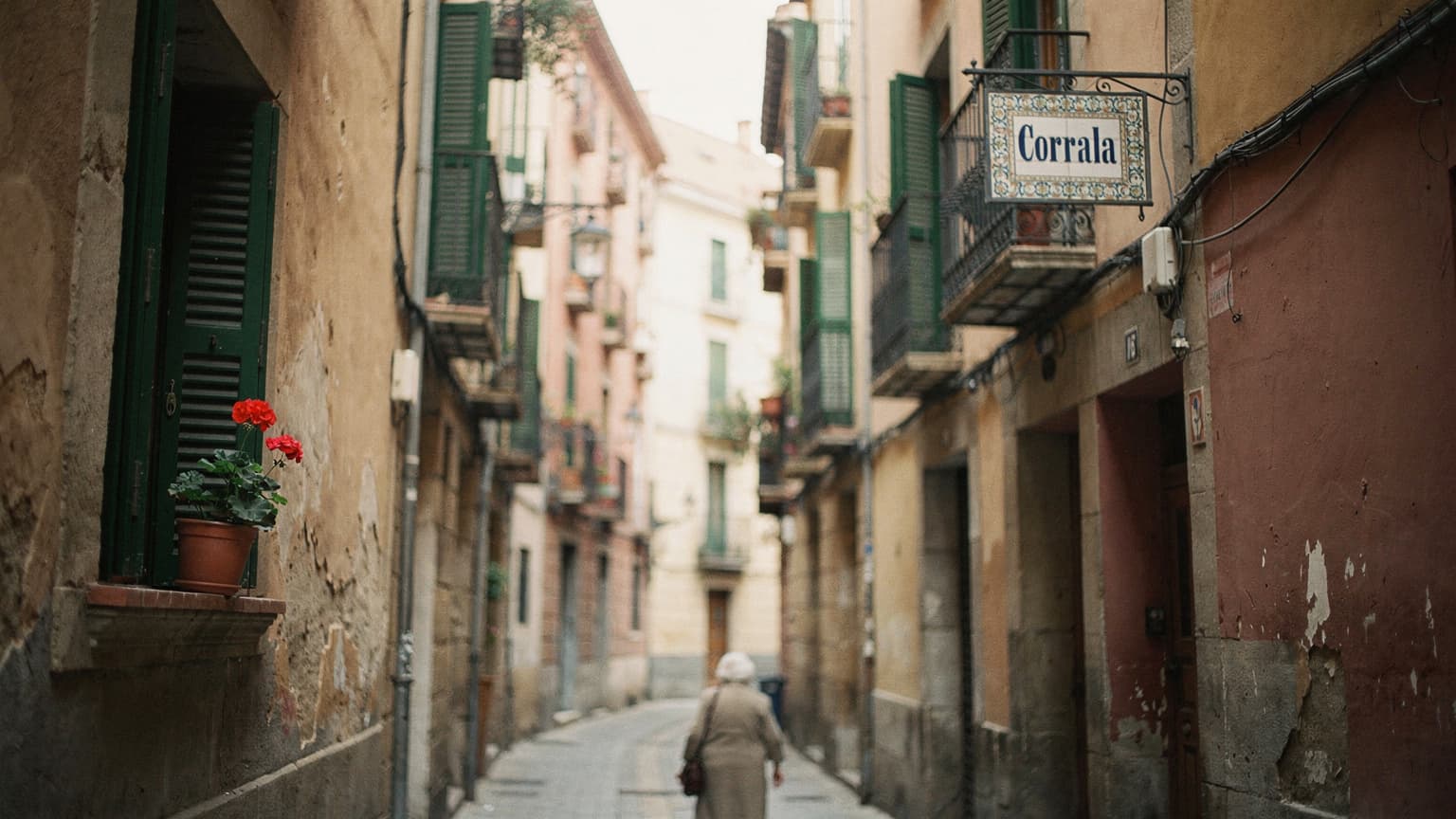 Fachada de una corrala en Lavapiés con persianas verdes y una maceta, Madrid, mañana nublada