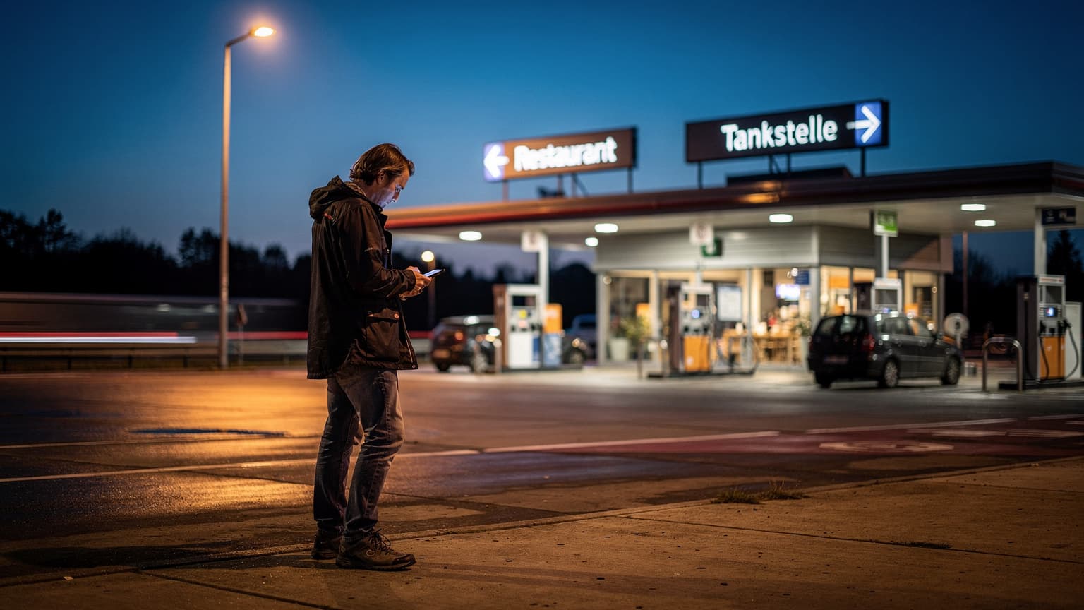 Eine belebte Autobahnraststätte in Deutschland bei Einbruch der Dunkelheit, mit den Lichtern von vorbeifahrenden Autos und leuchtenden Anzeigetafeln, während Menschen sich auf dem Parkplatz bewegen.
