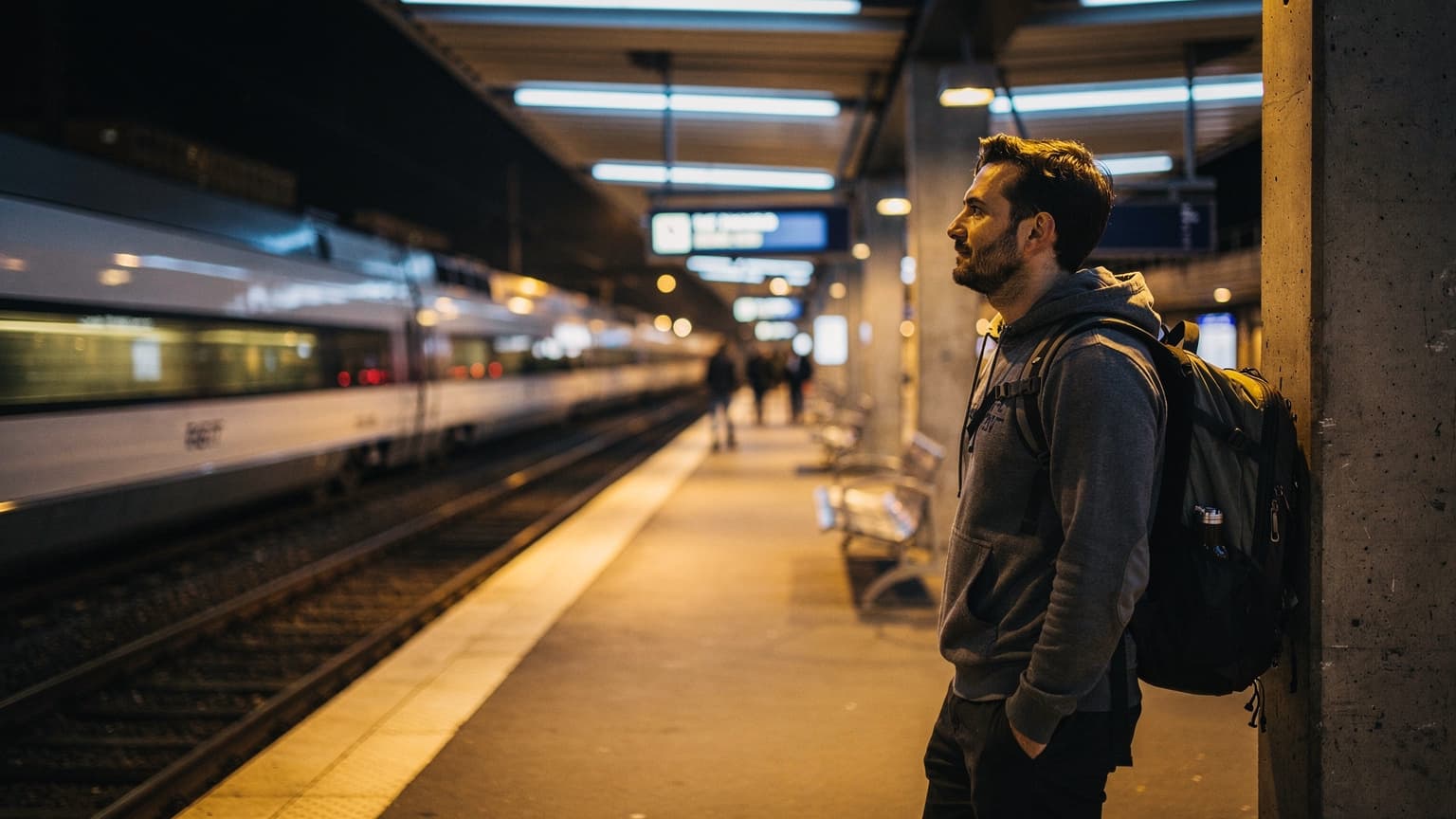 Voyageur sur le quai de la gare de Lyon Part-Dieu la nuit, éclairage tungstène et néon, ambiance ferroviaire nocturne