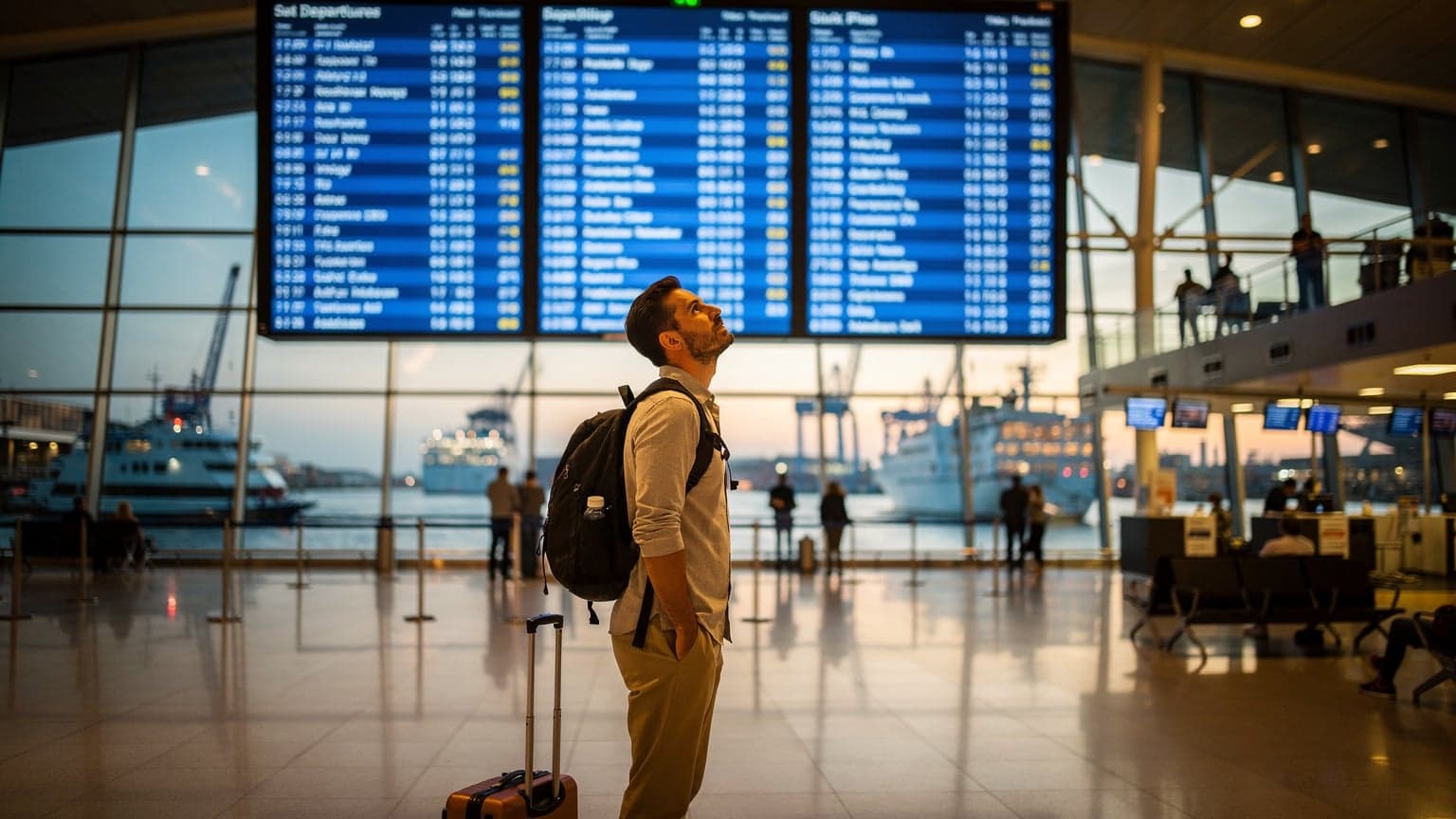 A wide shot of a traveler standing near a large departures board in a bustling harbor-front airport terminal at blue hour, with their luggage on the floor beside them.