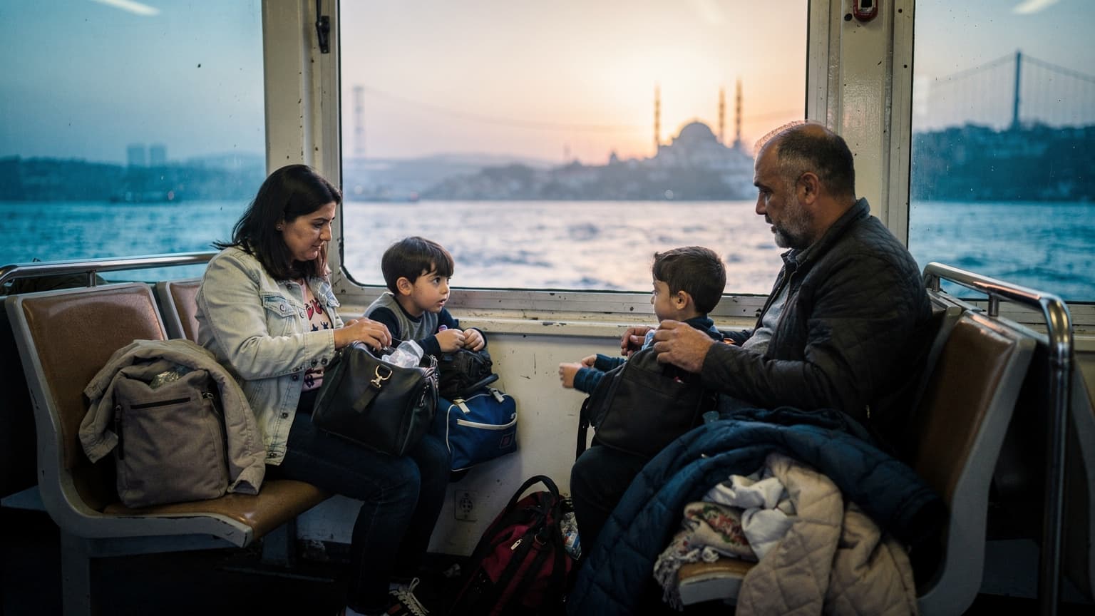 Marmara Vapuru'nda güneş doğarken, bir aile deniz manzarasına karşı bavullarını düzenliyor, çocukları etrafa bakınıyor. Hava soğuk mavi tonlarda.