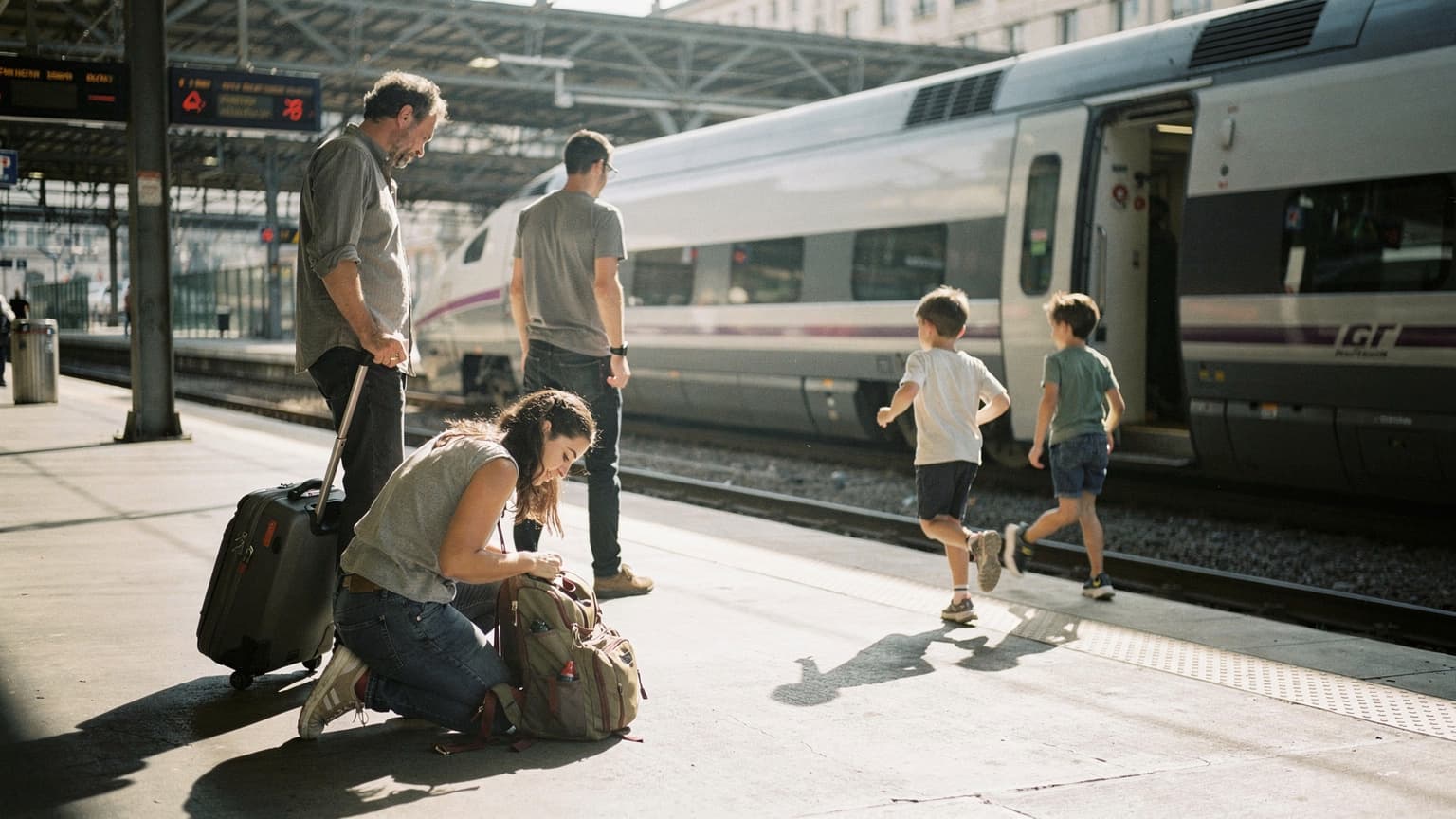 Famille avec bagages sur le quai de la gare de Lyon Part-Dieu, lumière dure de midi, enfants qui courent devant un TGV, personne ne regarde un téléphone