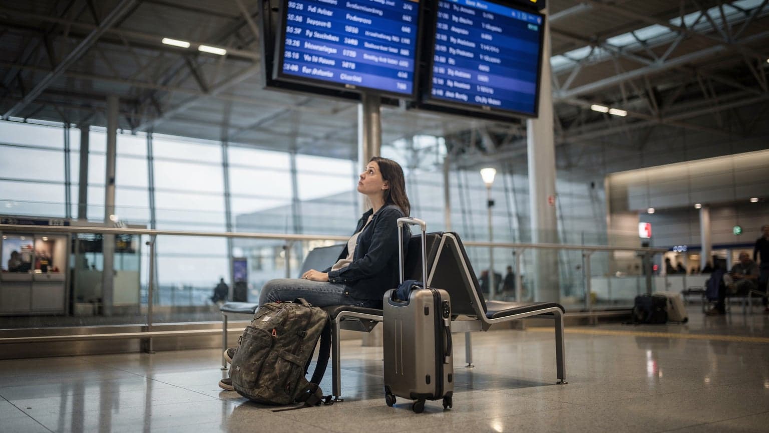 A weary traveler sitting on a bench at Heathrow Airport Terminal 5, looking at an overhead departures board with their luggage beside them, anticipating a long flight to Southeast Asia.