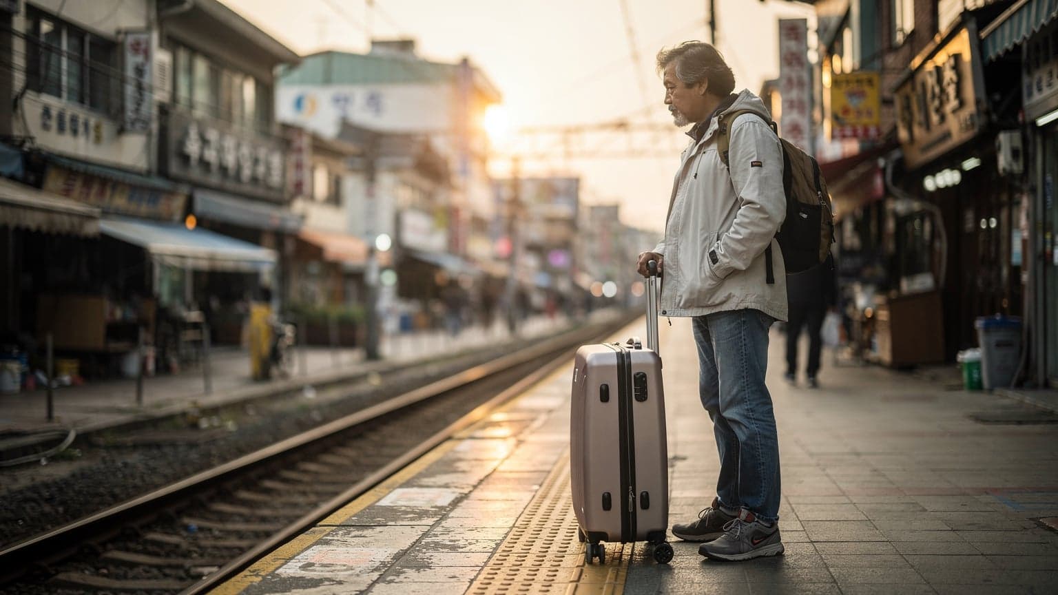 Pengembara Malaysia menunggu di platform tren di luar bandar Seoul, beg tegak di sisi, cahaya senja keemasan menyusup di celah bangunan kedai lama.