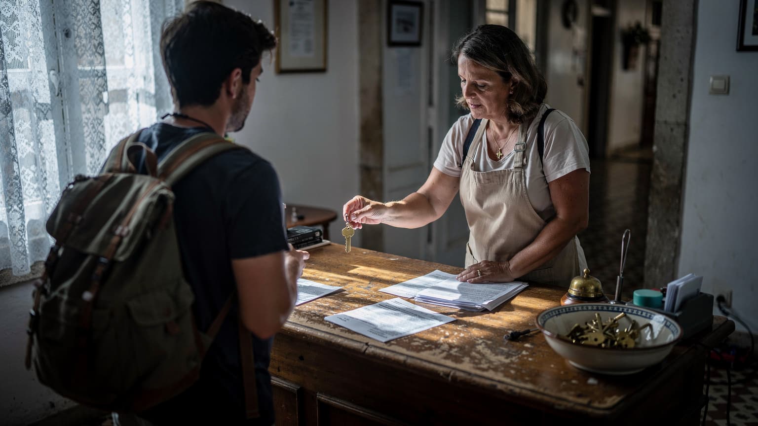 Receção de um pequeno hotel na Mouraria, Lisboa, ao amanhecer, com chaves e papéis no balcão de madeira