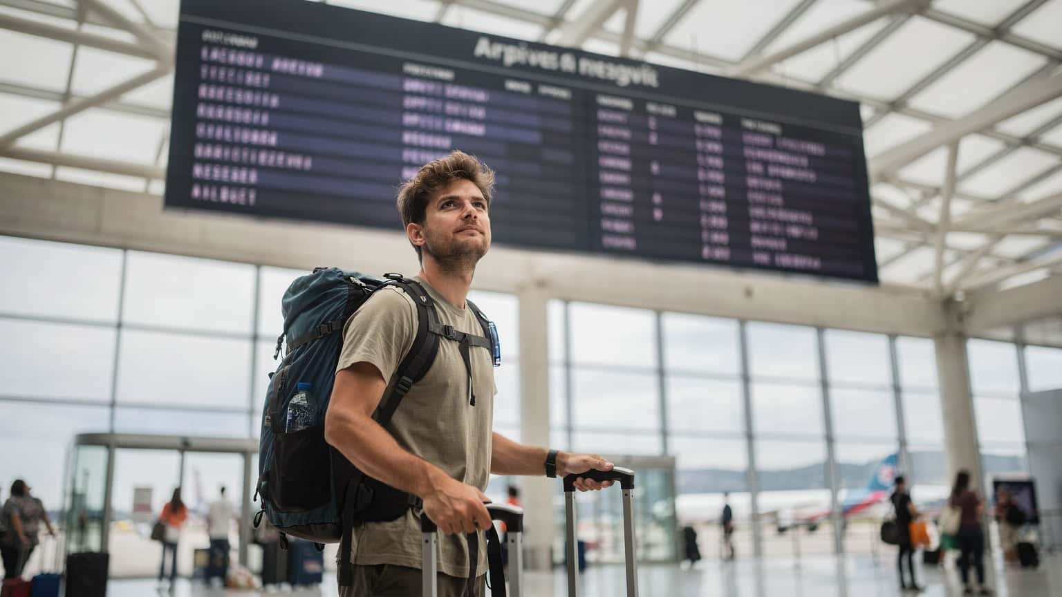 Cestovatel s kufrem čte příletovou tabuli na letišti, nad ním cedule s cílovými destinacemi, měkké ranní světlo